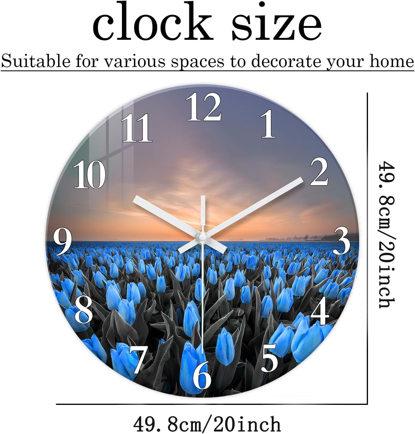 XFM Blue Glass Wall Clock 20 Inch Silent Non Ticking Battery Operated Clock Large Tulips Floral Round Clock for Living Room Bedroom Bathroom Office Decor