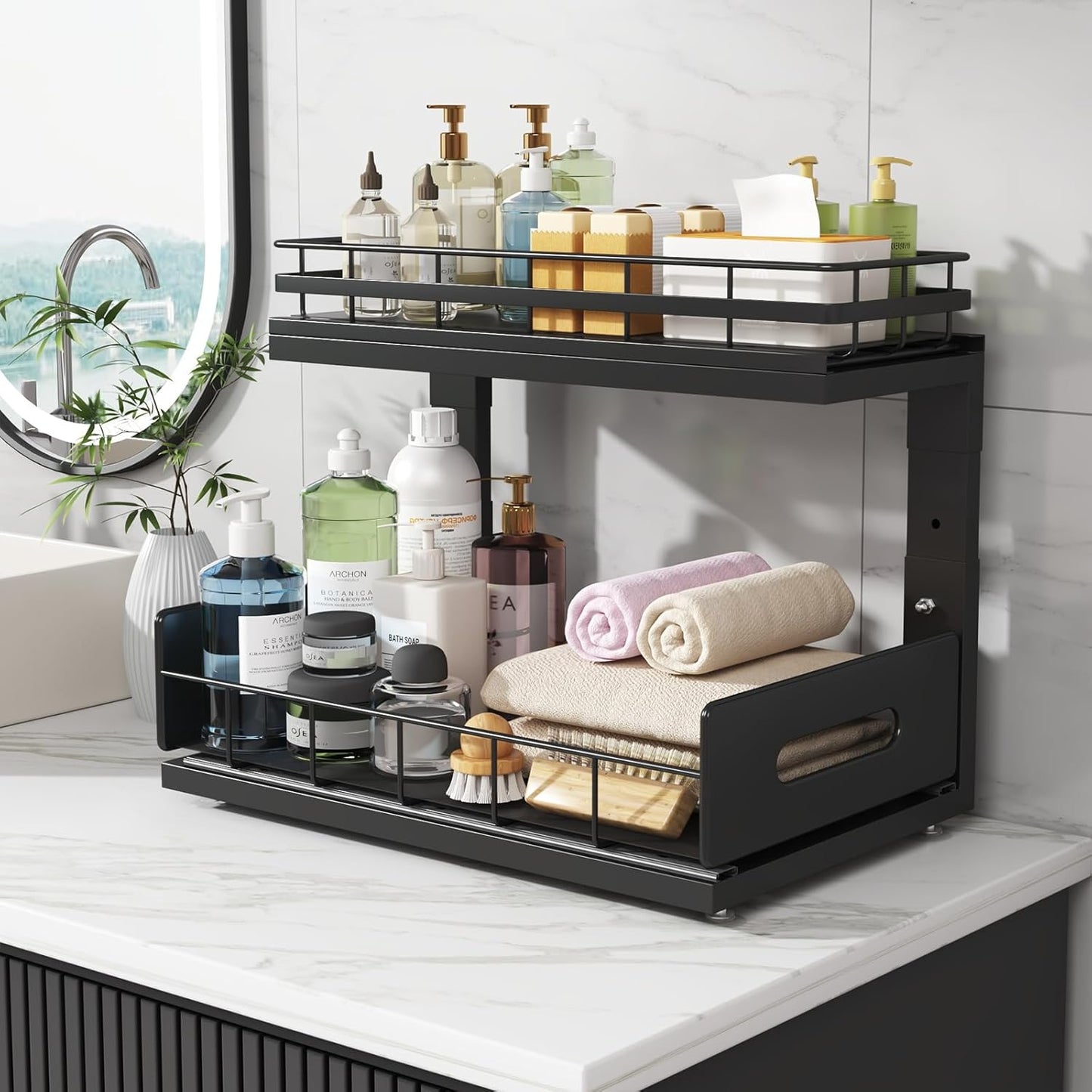 1 Pack Under Sink Organizer Upgrade To Professional Rails,2-Tier Dual Pull Out Cabinet Storage,Height Adjustable Slide Out Drawers For Bathroom Kitchen,Under Sink Shelf-Black