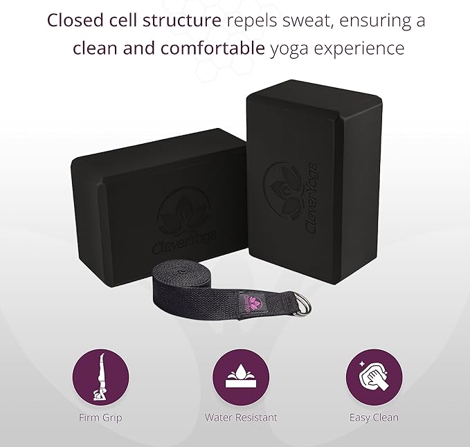 Clever Yoga Blocks & Strap - Lighweight Foam Yoga Blocks 2 Pack with 8ft Cotton Yoga Strap Set Kit for Beginners & Pros, Accessories & Equipment for Women & Men