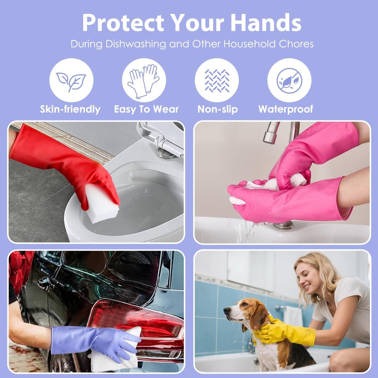 4 Pairs Rubber dishwashing gloves, Kitchen gloves for washing dishes, Household cleaning gloves Reusable Medium Blue+Pink+Yellow+Red