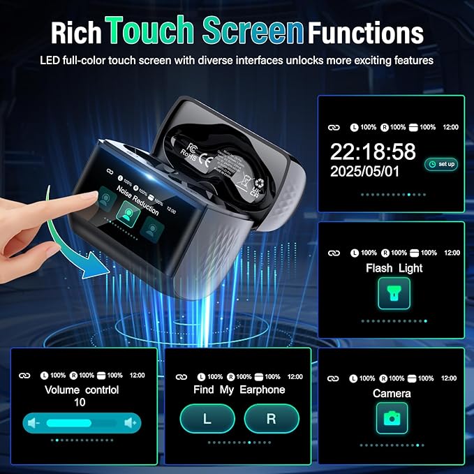 Wireless Earbuds, Bluetooth 5.4 Headphones with Multifunction Touch Screen, 48H Deep Bass Stereo Ear Buds, 5 EQ Modes, ANC/ENC Noise Cancelling, Transparency Mode, IPX7 Bluetooth Earbuds, Black