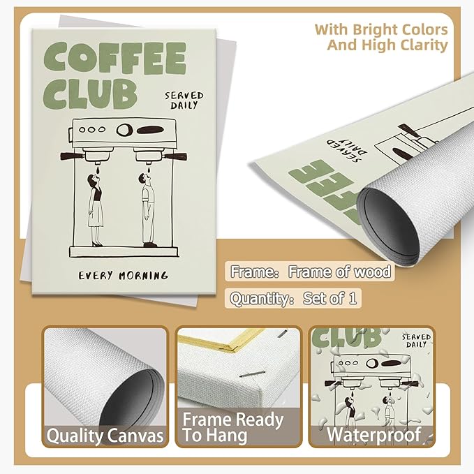Funny Coffee Club Canvas Print Poster Served Daily Every Morning Sign Wall Art Minimalist Kitchen Whimsical Painting Home Decor Aesthetic Pictures for Living Room Cafe Bar 12x16inch Framed