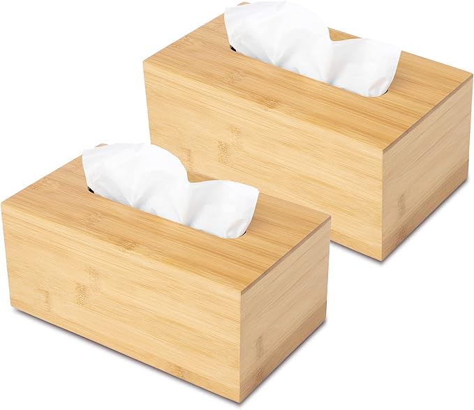 JUSK Design Tissue Box Holder - Modern, Minimalist, and Durable Wooden Tissue Box with Sliding Bottom, Easy-Refill - Premium-Quality Bamboo Tissue Box Cover, Fits 184-Count Box, Rectangular, Pack of 2