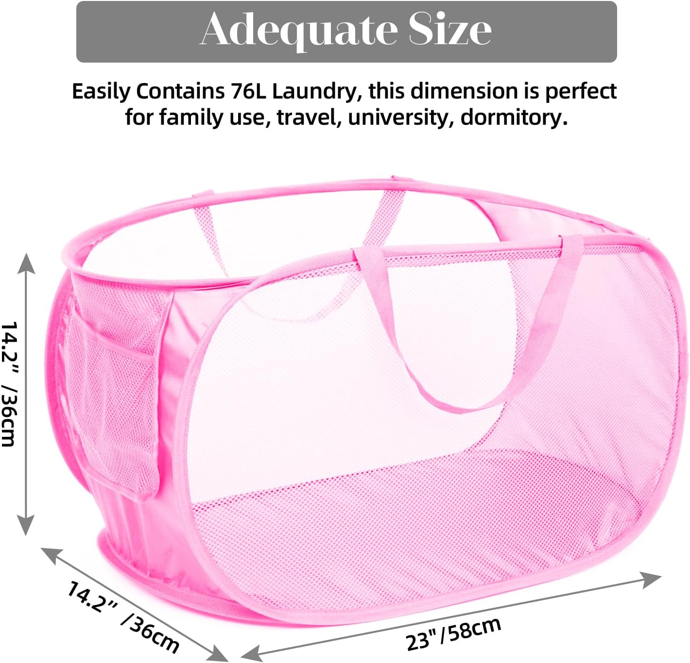 2 Pcs Durable Collapsible Laundry Baskets - Reinforced Mesh Pop Up Laundry Hamper with Pocket, Foldable Dirty Clothes Hamper with Carry Handles for Laundry, Bathroom, Kids Room, Dorm or Travel Pink
