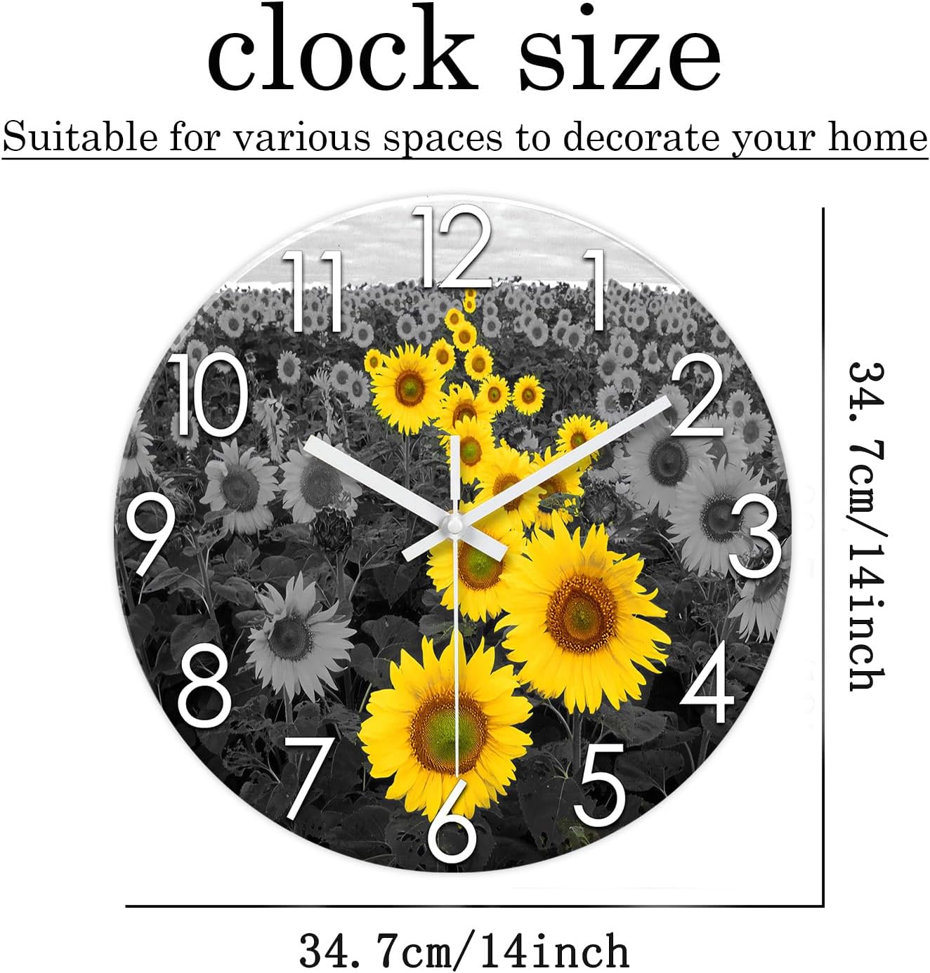 XFM Wall Clock Battery Operated 14 Inch Silent Non-Ticking Sunflower Wall Clock Yellow Decorative Glass Clocks for Kitchen Bedroom Living Room Decor