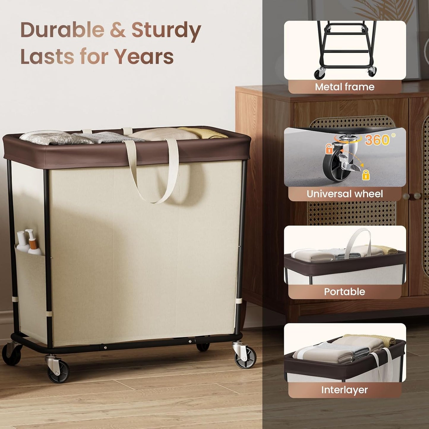 320L Laundry Basket with Wheels, 3-Section Rolling Hamper for Laundry, Extra Large Laundry Hamper with Wheels, Clothes Hamper Rolling Laundry Basket for Home, Bathrooms and Dorm(Beige)