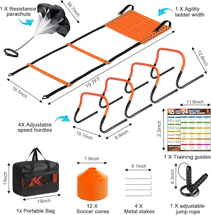 Soccer Agility Speed Training Equipment, Football Practise Set with 20 ft Agility Ladder, 12 Cones, 4 Adjustable Hurdles, Jump Rope, Parachute, for Basketball, Football, Kids, Youth, Adults