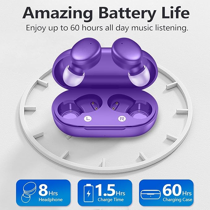 MOZOTER S8 Mini Wireless Earbuds Bluetooth 5.3 in Ear Light-Weight Headphones,60Hrs Playtime Ear Buds with Charging Case,Bluetooth Headsets,Premium Sound with Deep Bass for Sport-Purple
