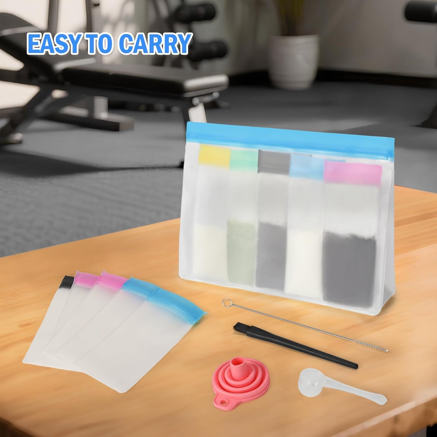 Protein Powder Travel Container To Go,21 Pcs Single Dose Bags & 3 Large Zip Bags,Portable Supplement Powder Container with 2 Funnels,1 Spoon&2 Cleaning Brushes