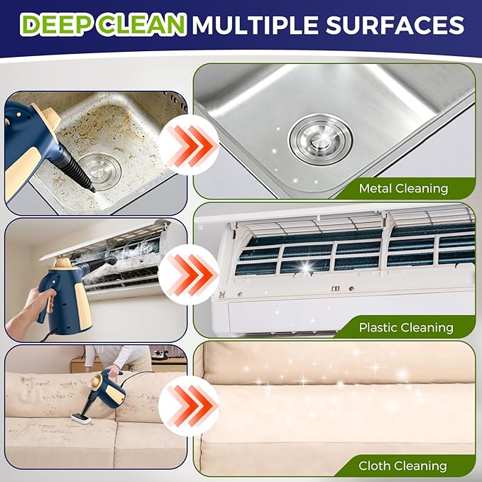 Steam Cleaner, Pressurized Handheld Multi-Surface Natural Steam Cleaner with 12 PCS Accessories & Safety Lock, 350ML Large Capacity, Steamer for Car, Home, Upholstery, Kitchen, Window, Grime and More