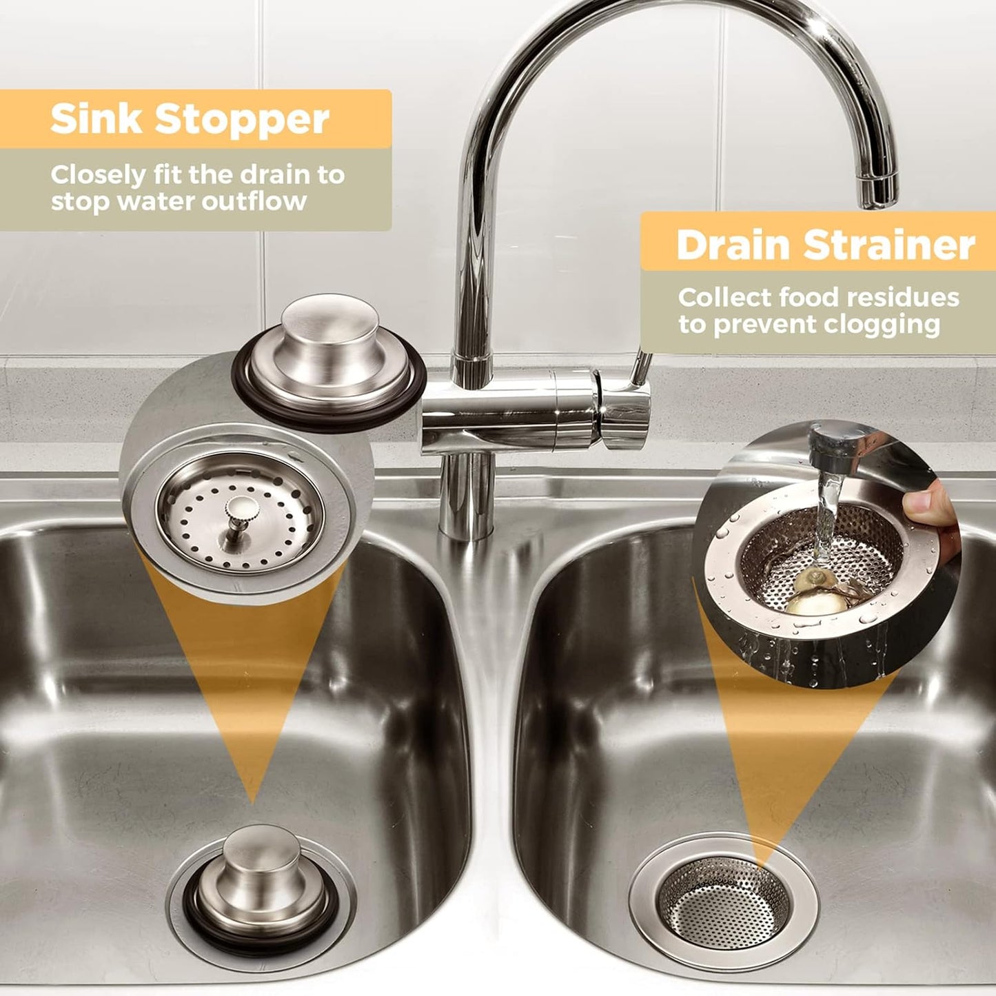 Mudder 3 Pcs Kitchen Sink Drain Strainer and Stopper Stainless Steel Garbage Disposal Plug with Handle Universal Anti-Clogging Kitchen Sink Filter Sieve Basket Strainer(Brushed Silver)