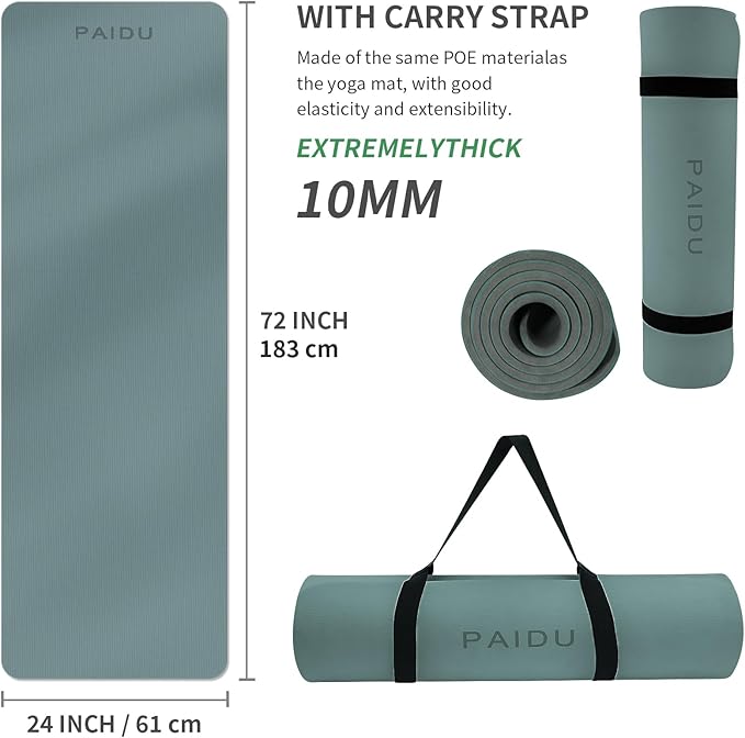 Yoga Mat Non Slip Anti-tear,extra thick-2/5 inch(10MM)High Resiliency Professional POE Yoga Mats for Women Men Kids,72"x24"inch,Workout, Yoga, Pilates and Floor Exercise, with Carrier Strap