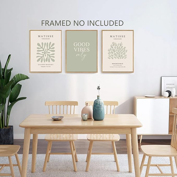 Hwetui Matisse Wall Art Set of 3 Sage Green Abstract Poster Canvas Prints Neutral Plant Leaves Painting Pictures Good Vibes Aesthetic Home Decor for Living Room Bedroom Bathroom 12''x16''Unframed