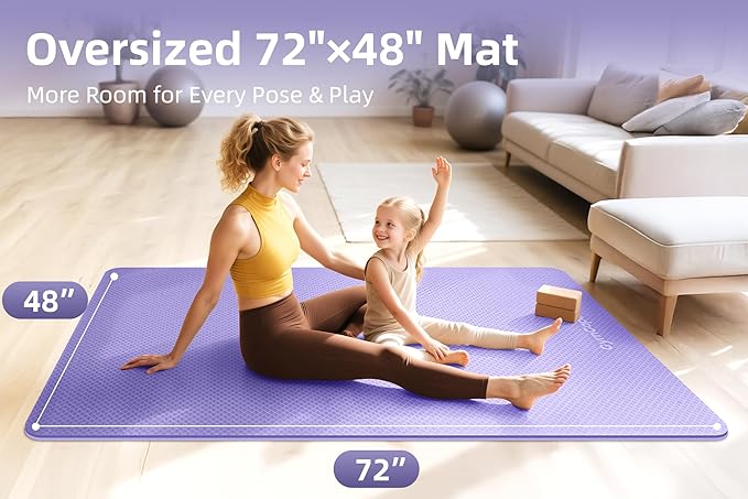 Extra Large Yoga Mat - 72"x35", 72"x48", 78"x57" - Wide TPE Exercise Mat for Home, Stretching, Couples & Family Workouts - 6-12mm Thick, Non-Slip & Waterproof - with Carry Bag and Straps
