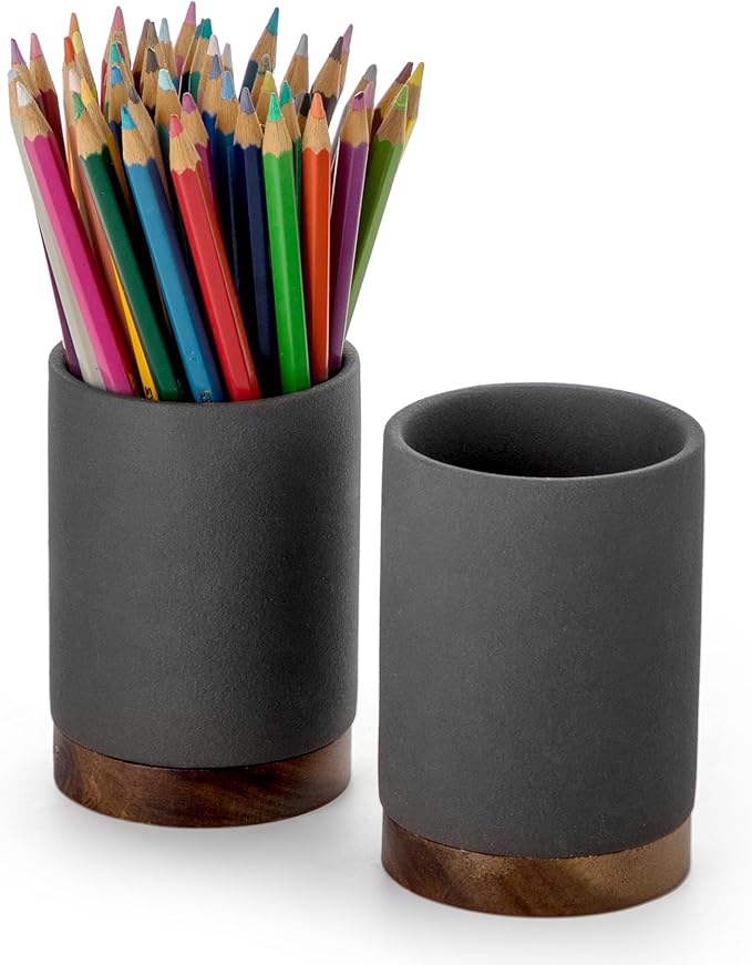 Pen Holder for Desk, Ceramic Pencil Organizer & Makeup Brush Holder, Office Decor and Desk Accessories,Perfect Office Organization,Teacher Supplies (Dark Grey, Set / 2)