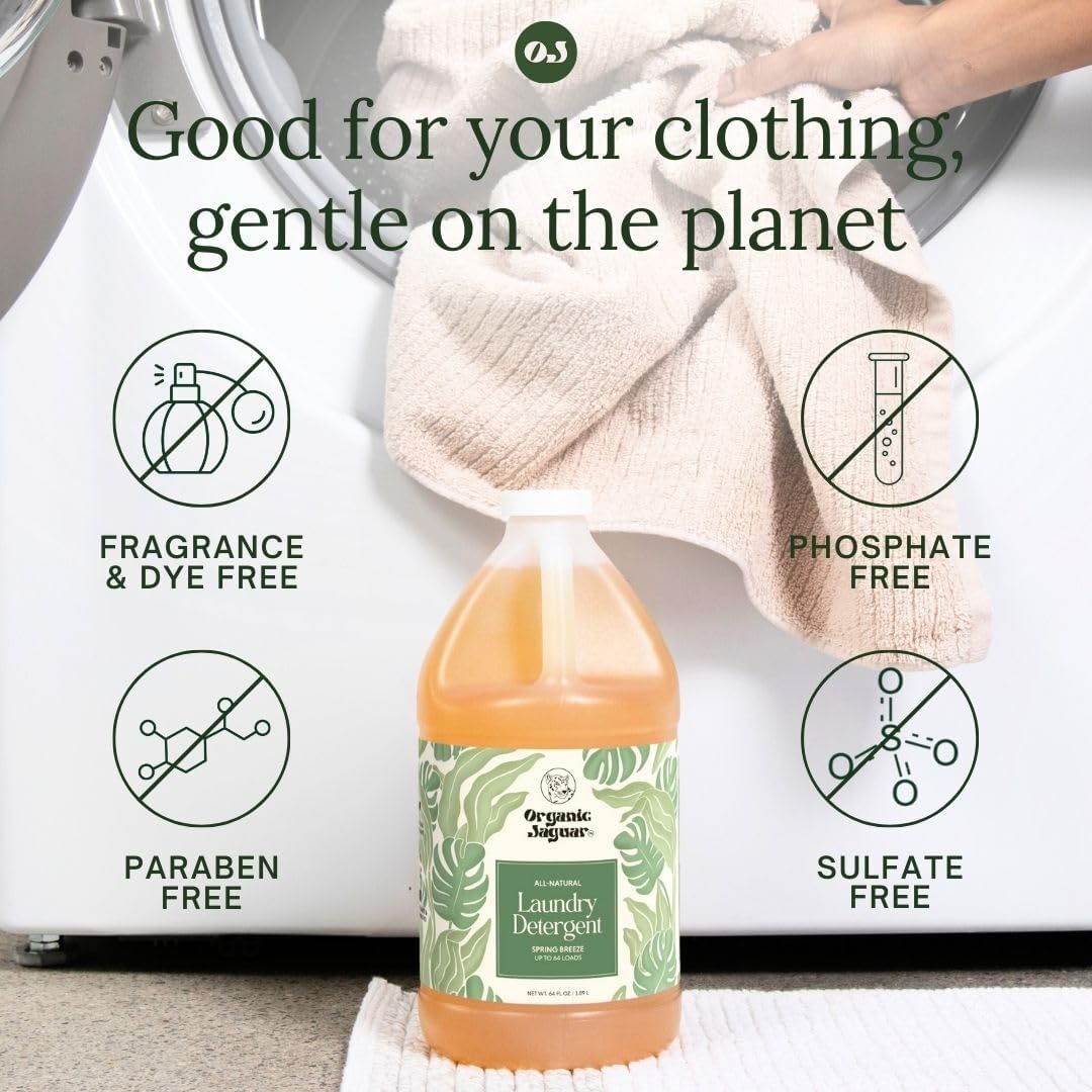 Organic Jaguar Laundry Detergent, Spring Breeze, Up to 64 Loads, 100% Natural Formula with Essential Oils, Gentle & Effective Formula Without Harsh Ingredients, Paraben & Sulfate Free, Natural Scent
