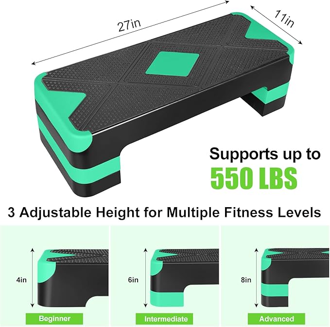 Adjustable Workout Aerobic Stepper in Fitness & Exercise Step Platform Trainer 3 settings adjustable height 4”-6”-8”