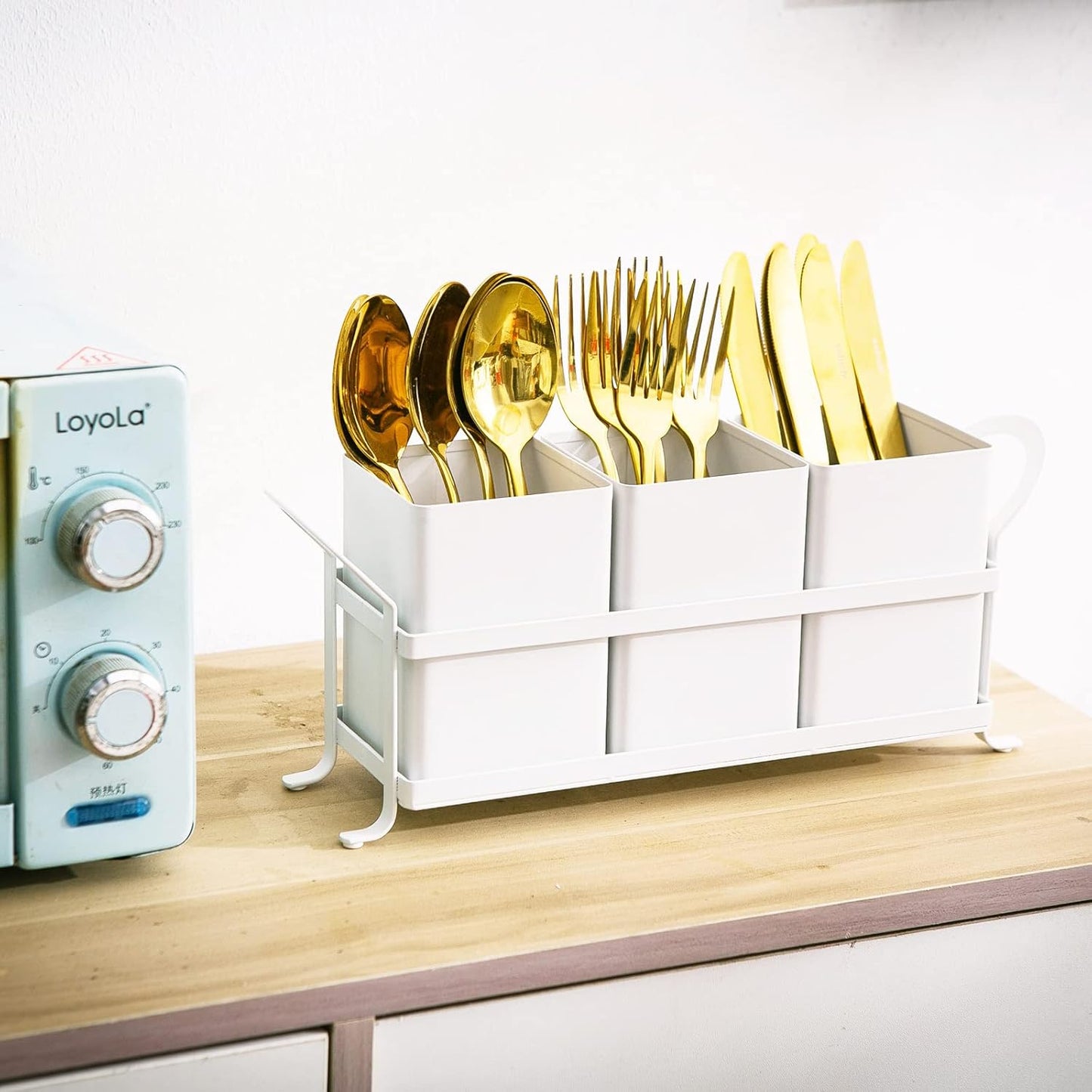 White Metal Utensil Caddy, 3 Compartments, Portable Design, Perfect for Countertop, Outdoor, and Camping