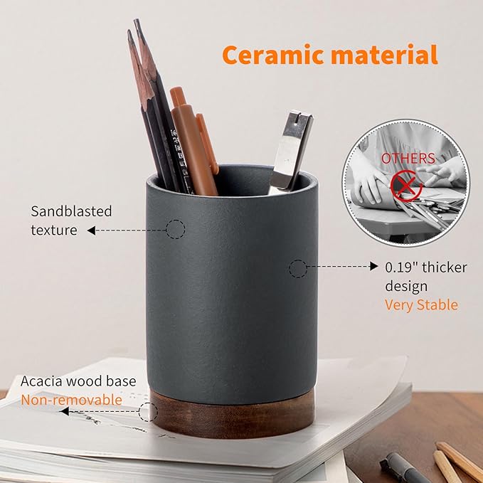 Pen Holder for Desk, Ceramic Pencil Organizer & Makeup Brush Holder, Office Decor and Desk Accessories,Perfect Office Organization,Teacher Supplies (Dark Grey, Set / 2)