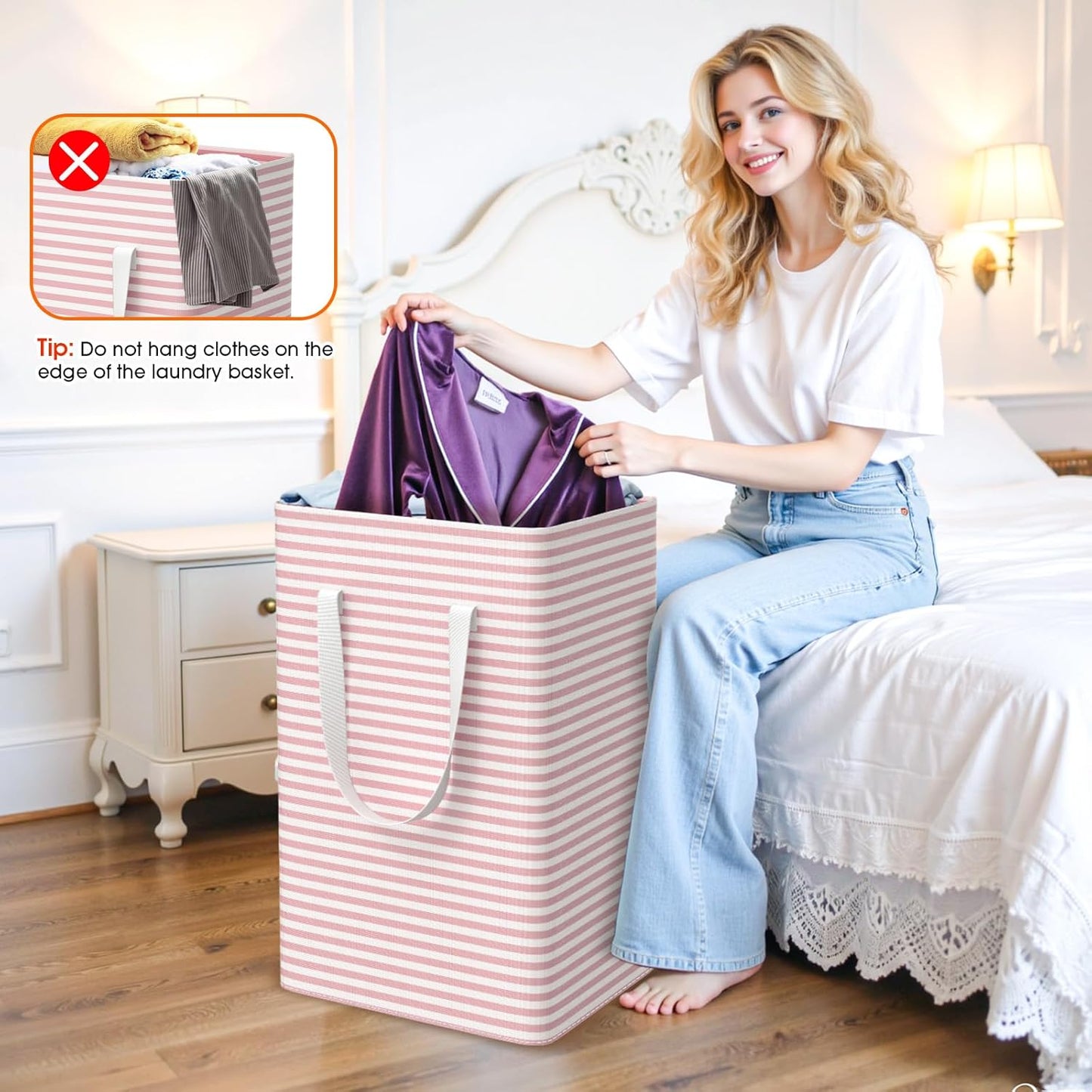 3 Pack Large Laundry Basket,Waterproof & Freestanding Laundry Hamper,Collapsible Clothes Hampers with Easy Carry Long & Reinforced Handles in Bathroom,College Dorm(125Lx3,Pink)