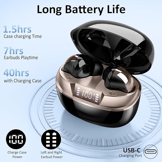 Wireless Earbuds, Bluetooth 5.4 Headphones in Ear, True Wireless Ear Buds HiFi Stereo Deep Bass with 4 ENC Noise Cancelling Mic, Bluetooth Ear Buds 47H Long Playtime LED IP7 Waterproof USB-C (Black)