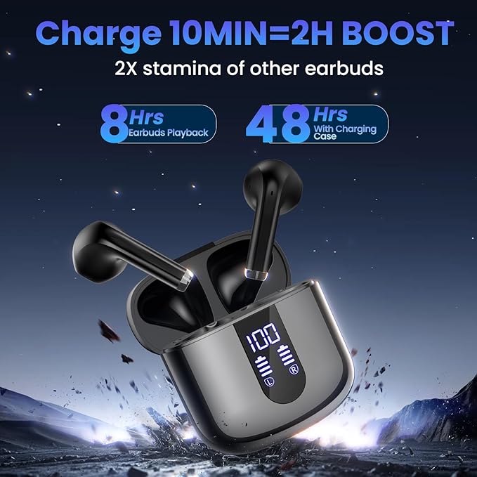 Wireless Earbuds, Bluetooth Headphones with Deep Bass Stereo, 48H Playback Ear Buds with LED Power Display Charging Case,Lightweight, IPX7, in-Ear Earphones with Mic for for Phone Tablet Laptop, Black