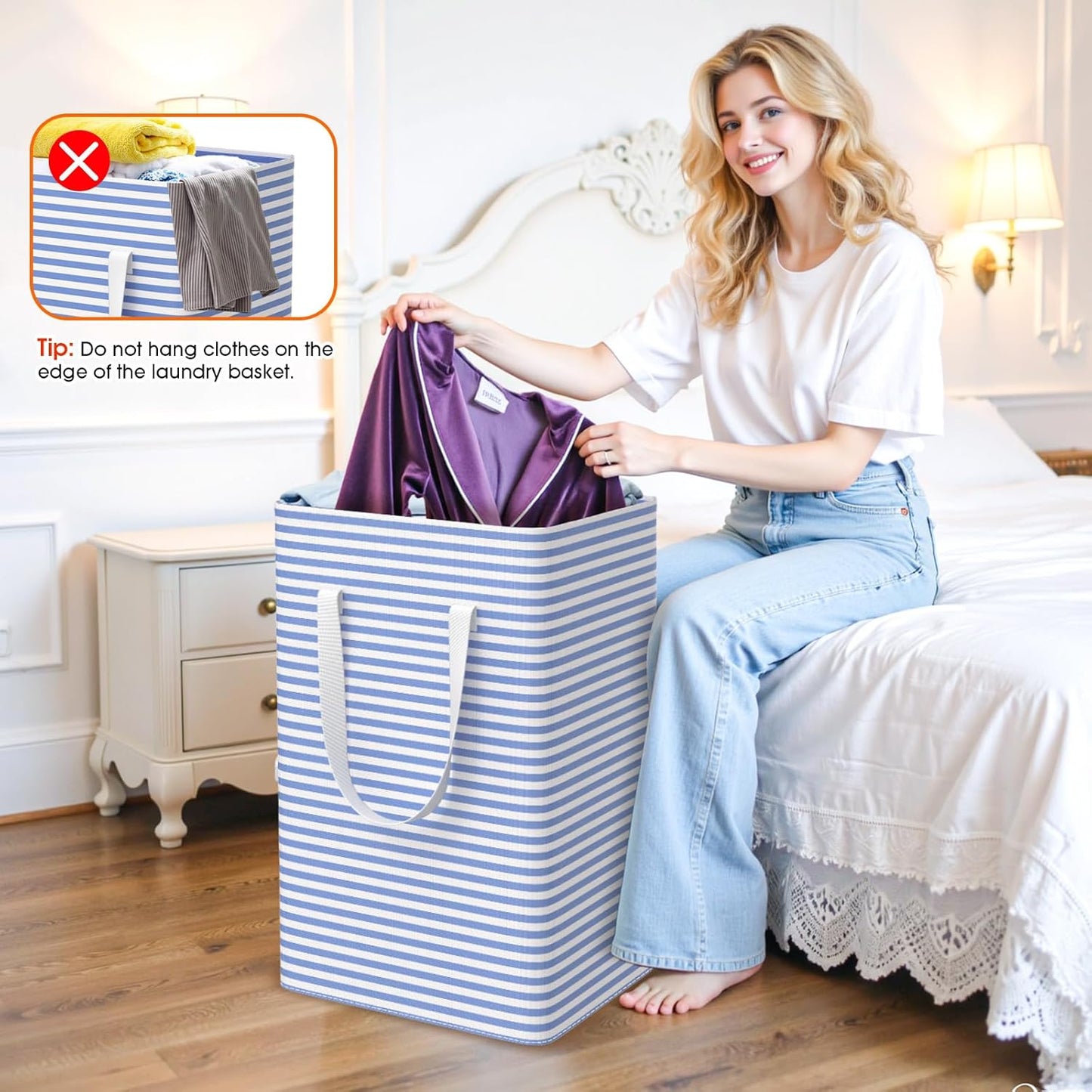 3 Pack Large Laundry Basket,Waterproof & Freestanding Laundry Hamper,Collapsible Clothes Hampers with Easy Carry Long & Reinforced Handles in Bathroom,College Dorm(75Lx3,Blue)