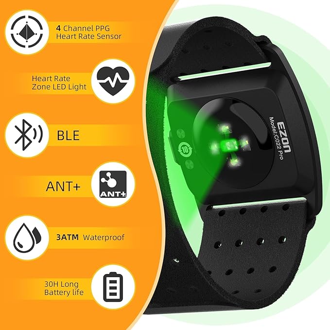 EZON Heart Rate Monitor Armband, ANT+ Bluetooth 5.1, 5-Color LED Zone Indicator, 4-Channel Precise Sensor for Exercise, Rechargeable