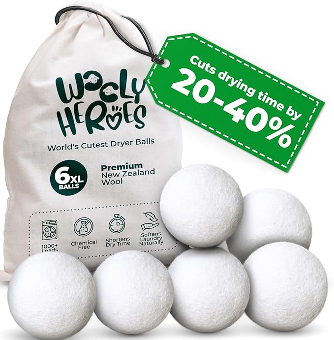 No More Dryer Sheets! Reusable Wool Dryer Balls XL 6-Pack - Reduces Static, Cuts Dry Time, & Softens Naturally