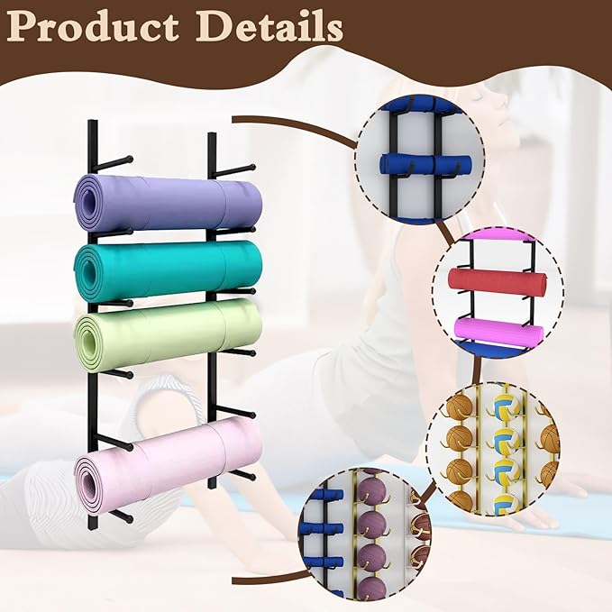Yoga Mat Storage Rack, Wall Mounted Yoga Mat Holder, Large Capacity Storage Shelf, Multi-layer Storage, Home Hanging Storage Racks, Suitable for Home, Yoga Studio, Gym, School(Gold,6-Tier)