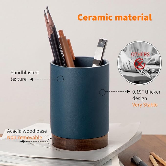 Pen Holder for Desk, Ceramic Pencil Organizer & Makeup Brush Holder, Office Decor and Desk Accessories,Perfect Office Organization,Teacher Supplies(Royal Blue, Set / 2)