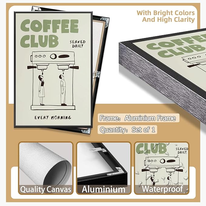 Funny Coffee Club Canvas Print Poster Served Daily Every Morning Sign Wall Art Minimalist Kitchen Whimsical Painting Home Decor Aesthetic Pictures for Cafe Bar 16x24inch Metal Black Frame