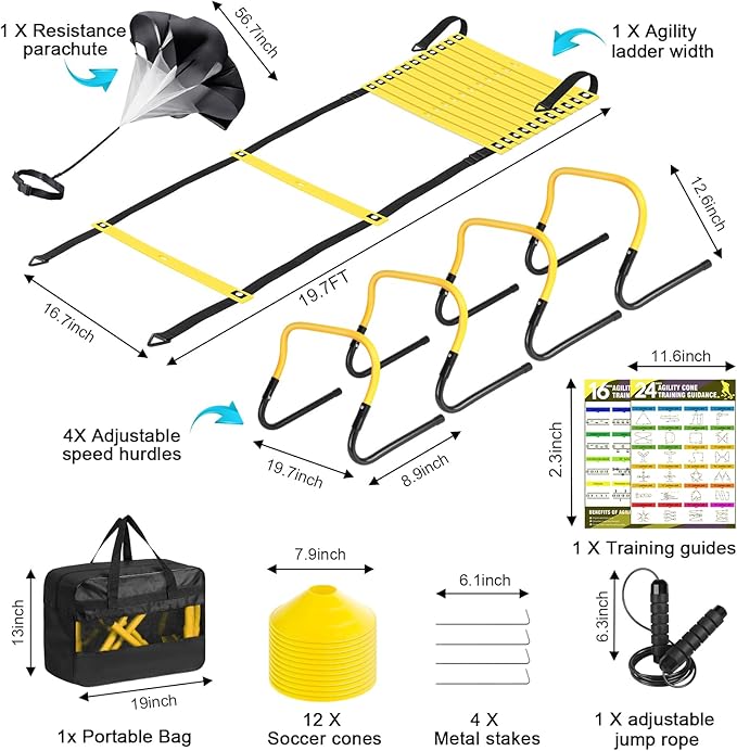 Soccer Agility Speed Training Equipment, Football Practise Set with 20 ft Agility Ladder, 12 Cones, 4 Adjustable Hurdles, Jump Rope, Parachute, for Basketball, Football, Kids, Youth, Adults