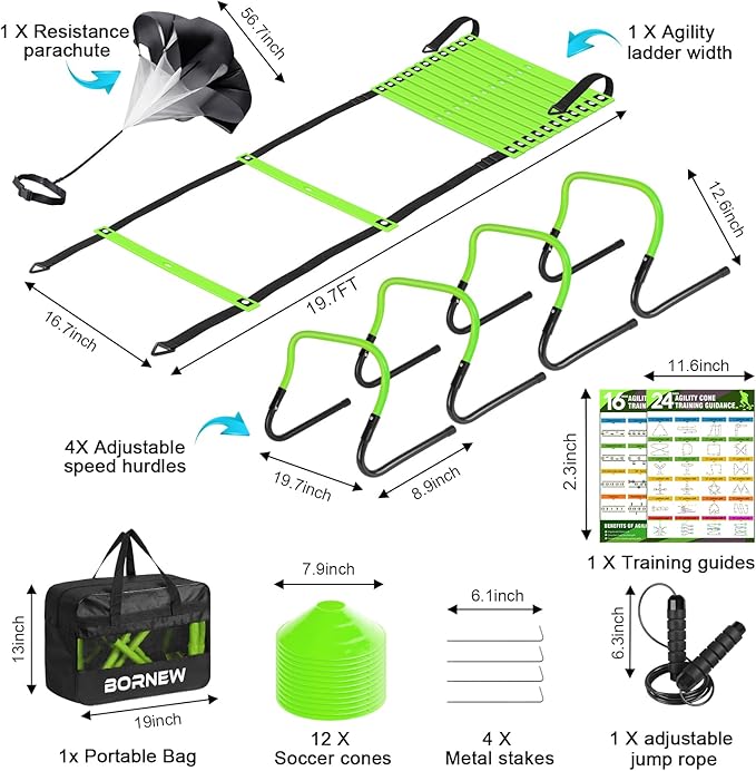 Soccer Agility Speed Training Equipment, Football Practise Set with 20 ft Agility Ladder, 12 Cones, 4 Adjustable Hurdles, Jump Rope, Parachute, for Basketball, Football, Kids, Youth, Adults