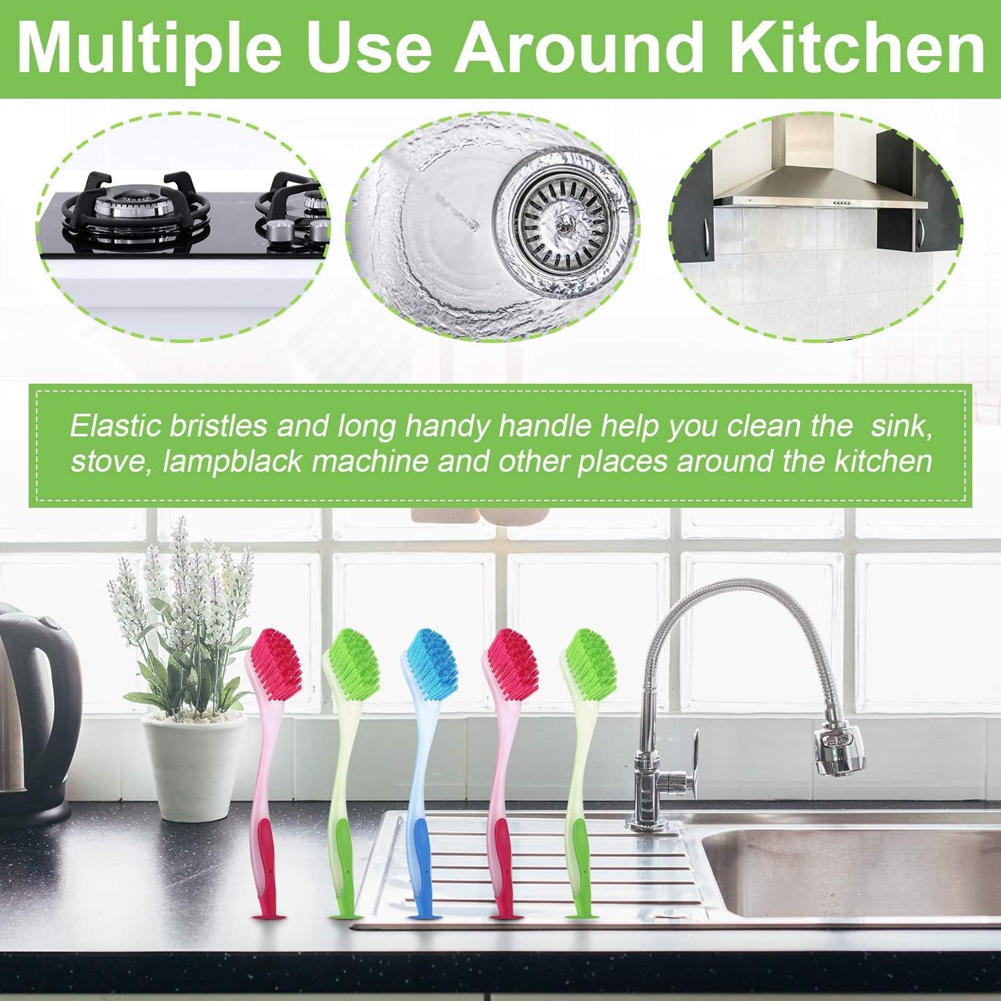 5 Pieces Long Dish Brush with Handle Assorted Color Dishwashing Brush with Suction Cup Multipurpose Scrub Cleaning Tool for Kitchen, Toilet, Etc.