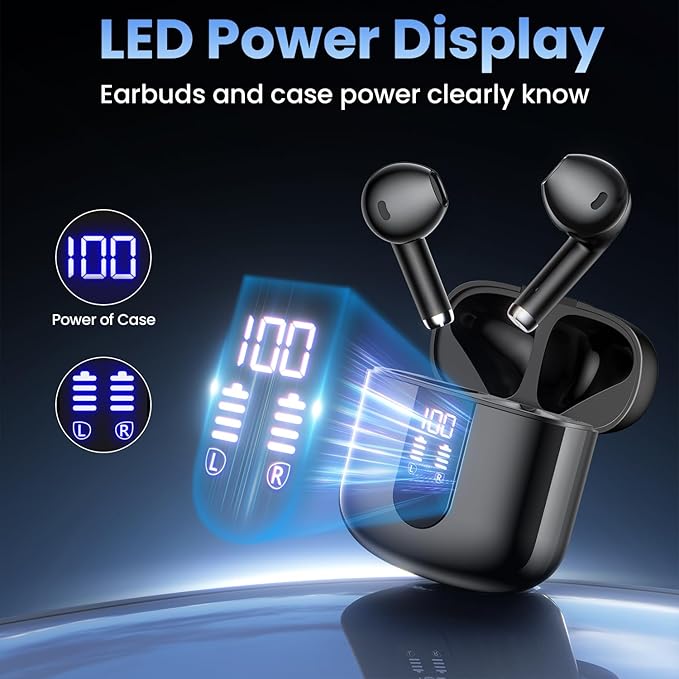 Wireless Earbuds, Bluetooth Headphones with Deep Bass Stereo, 48H Playback Ear Buds with LED Power Display Charging Case,Lightweight, IPX7, in-Ear Earphones with Mic for for Phone Tablet Laptop, Black