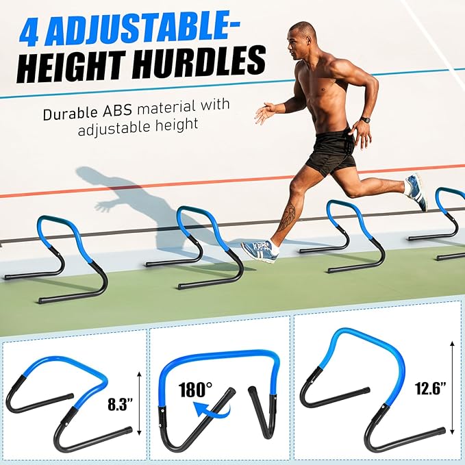 Soccer Agility Speed Training Equipment, Football Practise Set with 20 ft Agility Ladder, 12 Cones, 4 Adjustable Hurdles, Jump Rope, Parachute, for Basketball, Football, Kids, Youth, Adults