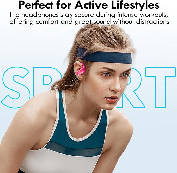 kurdene Wireless Earbuds Bluetooth Headphones Sport,Over Ear Buds with Deep Bass Sound,60Hrs Playtime Earphones Redesigned Comfort Fit with Earhooks for Running,Meeting,Workout-Hot Pink