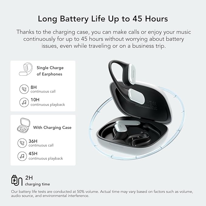 MemPod Fit 2 Open Ear Bluetooth Headphones, Wireless Earbuds with Deep Bass, Up to 45H Playtime with Charging Case, Ultra Comfort, Dual Connection, Air Conduction, for Phone/Mac, White