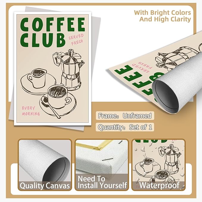 Vintage Coffee Club Wall Art Served Fresh Every Morning Sign Canvas Print Poster Sketch Moka Pot And Cups Minimalist Home Decor Aesthetic Pictures for Kitchen Bar Cafe Dining Room 16x24inch Unframed