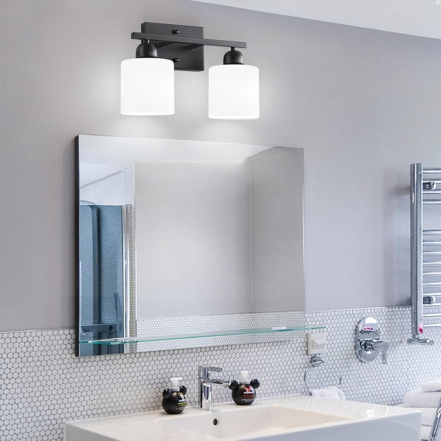2 Light Black Bathroom Light Fixture, Modern Bathroom Lights with Milky White Frosted Glass Shades for Mirror Living Room Bedroom Hallway E26 Base