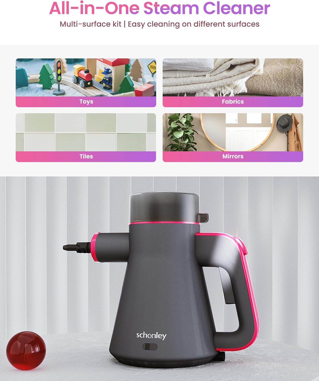 Schenley Portable Handheld Steam Cleaner, High-Pressure Design with Versatile Multi-Surface Accessories, Ideal for Upholstery, Stove, Tiles, Grout, and Auto Cleaning