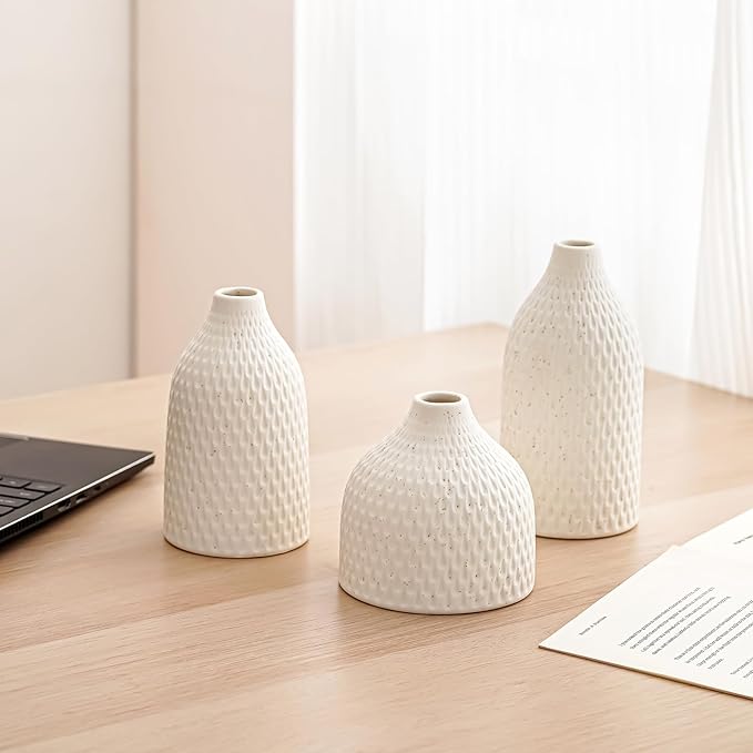 3 Piece Vase Set -White Ceramic Vase for Flowers for Office, Kitchen, Bedroom, Living Room, Bathroom & Shelf Centerpiece Table, Bookshelf - Home Decorative Vase Ideal Gift