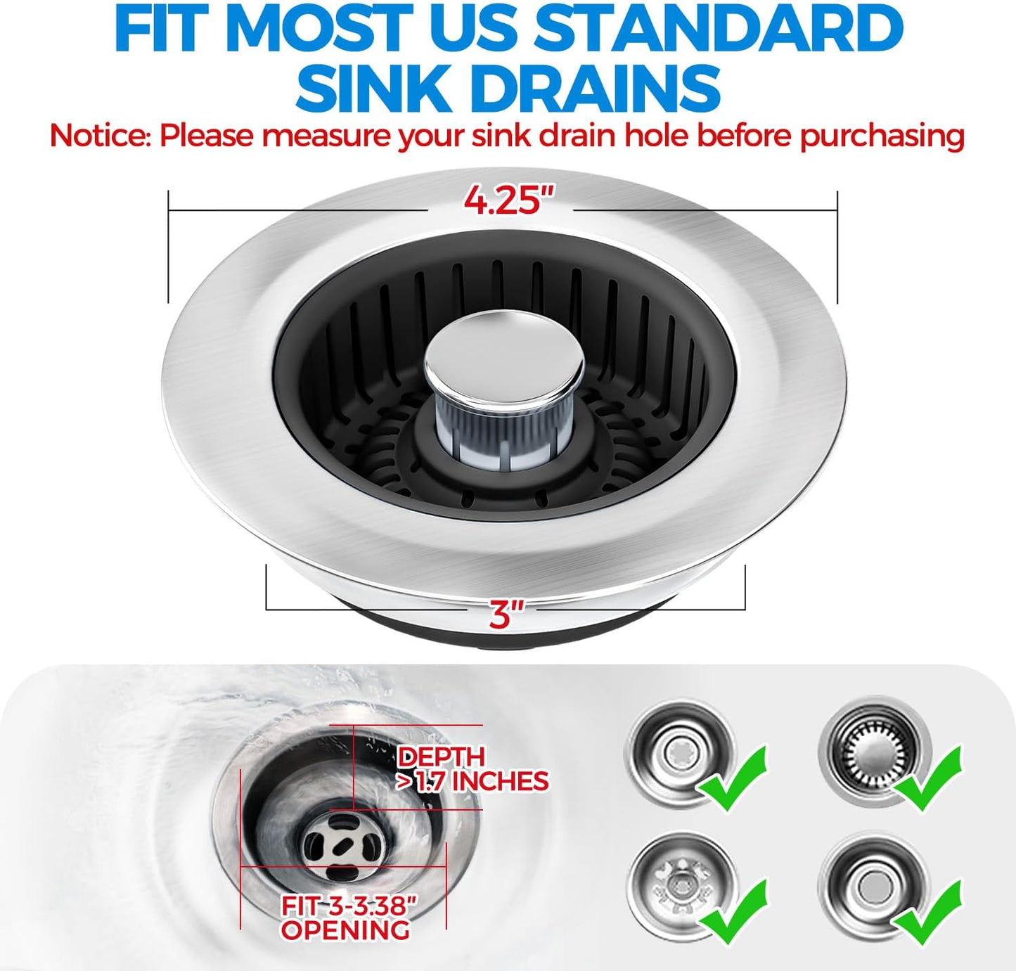 zaa Sink Drain Strainer - 3 in 1 Kitchen Sink Stopper, Stainless Steel Kitchen Drain Plug & Cover with Anti-Clogging Basket Strainer, Fit US Standard 3-1/2'' Sink Drain Hole, Brushed Black