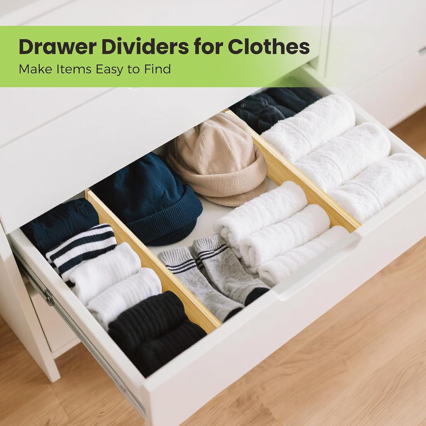 Drawer Divider, Adjustable Bamboo Kitchen Drawer Organizer, Spring Loaded Drawer Organizer, Dresser Separators for Kitchen, Bathroom, Clothes, Office Desk Storage (Natural, 4 Pack Large)