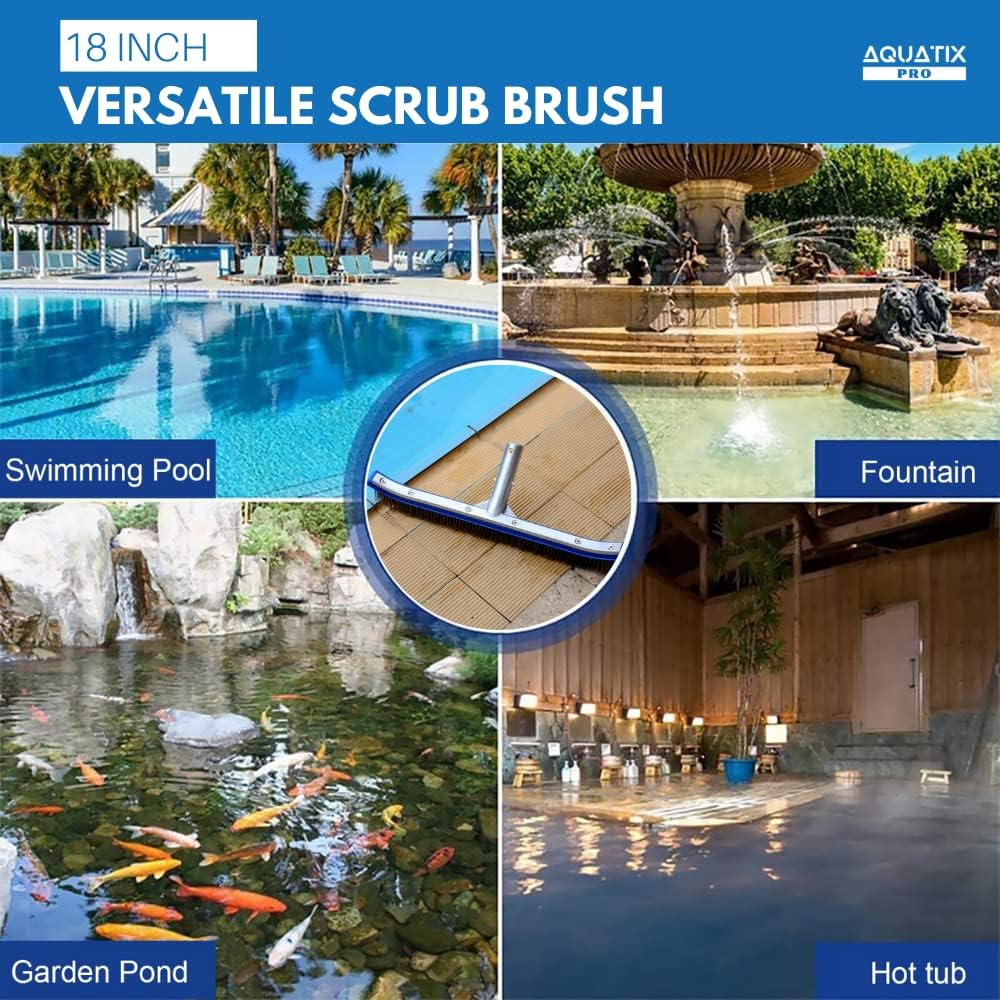 Aquatix Pro Pool Brush Head, 18" Heavy Duty for Cleaning Walls & Floors, Stainless Steel Bristles, Reinforced Aluminum Back, Curved Ends for Corners, EZ Clip, Swimming Pool Brushes for Tiles & Steps