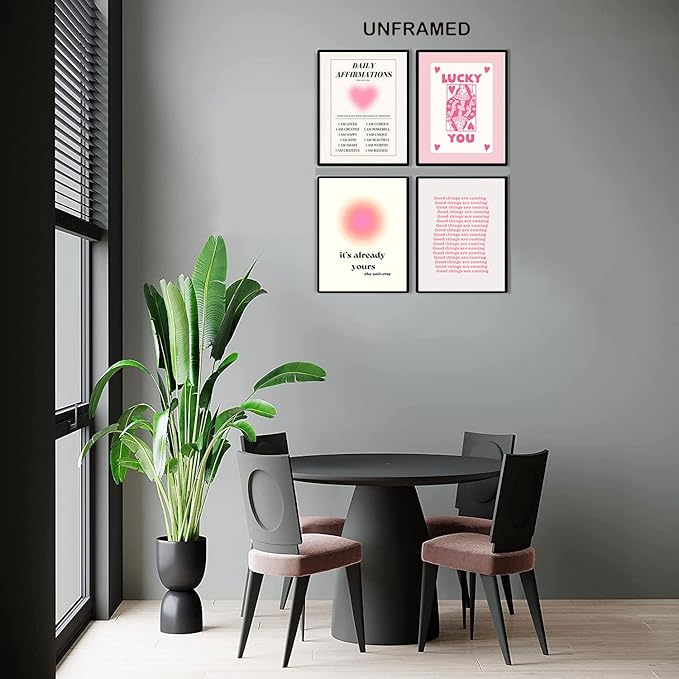 Hwetui Preppy Pink Aura posters Daily Affirmations Wall Art Trendy Y2K Canvas Prints Cute Lucky You Painting Retro Aesthetic Room Decor Picture for College Dorm Bedroom 12x16Inch Set of 4 Unframed