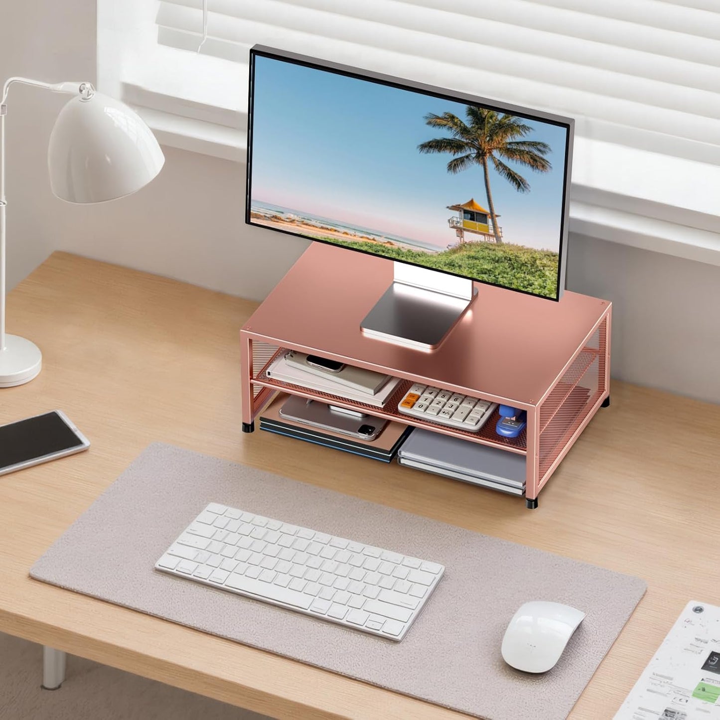 Desk Organizers and Accessories, 2-Tier Metal Computer Monitor Stand Riser, Desk Organizer for Monitor, Printer & Laptop Stand, Desktop Workspace Organizers for Office Supplies(Rose Gold)