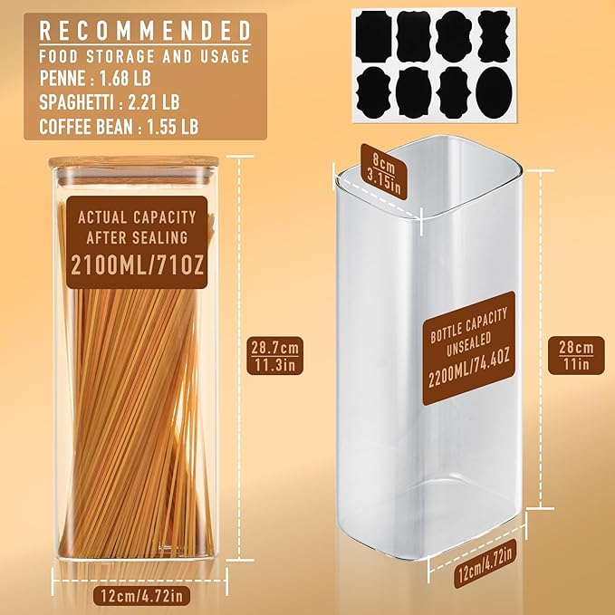 71oz Rectangle Airtight Glass Storage Containers with Bamboo Lids (Set of 4), Square Food Storage Jar, Pantry Organizers for Sugar, Flour, Spaghetti and Coffee beans (with Black Lable)