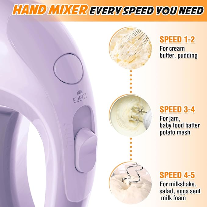 Handmixer Electric Handheld - 7 Speed Portable Kitchen Mixer Electric with 5 Stainless Steel Accessories Whisk, Food Beater for Whipping Mixing Cookies Cakes Eggs, Pueple